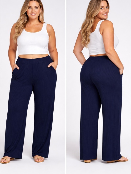Lands' End Pants - Lands' End Navy Ribbed Wide-Leg Pants